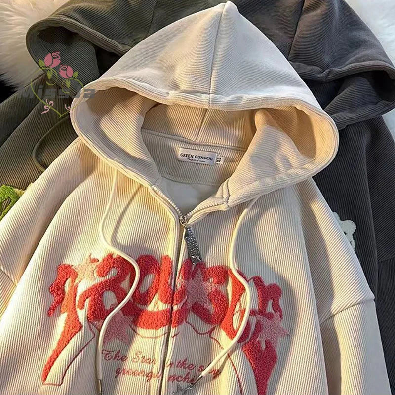 Retro Hoodies Winter Zip Up Long Sleeve Y2K Casual Pocket Hooded Sweatshirts