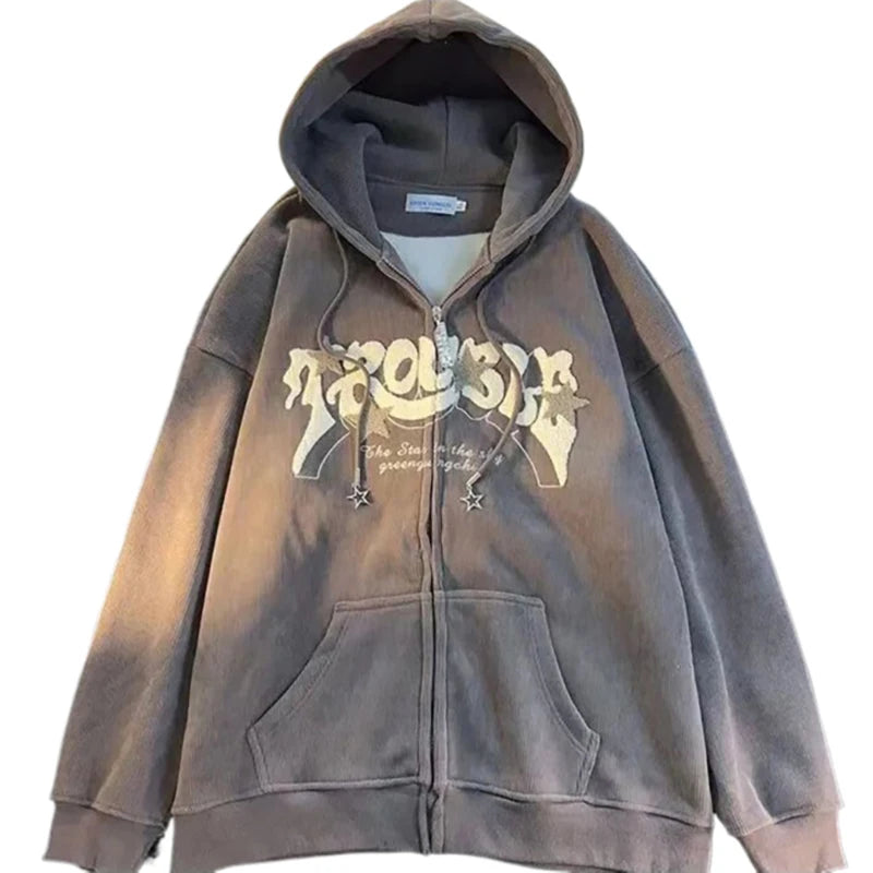 Retro Hoodies Winter Zip Up Long Sleeve Y2K Casual Pocket Hooded Sweatshirts